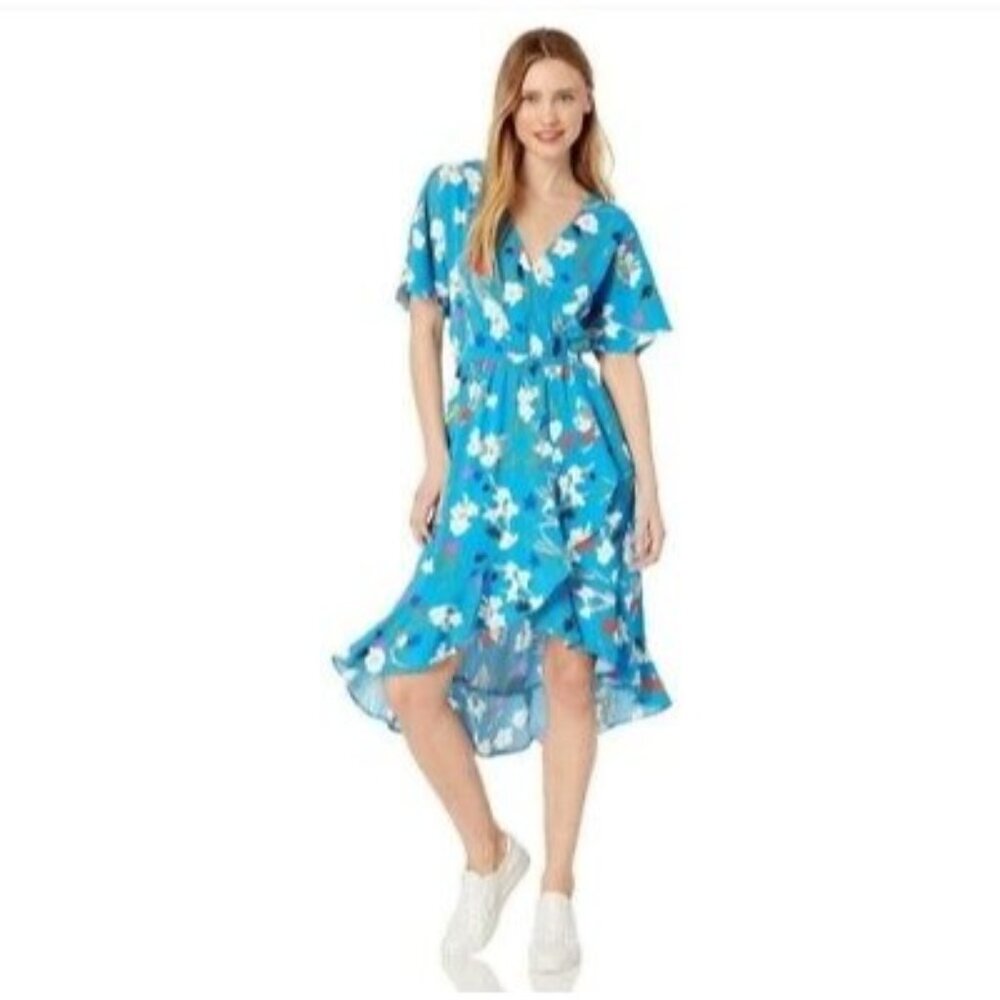 J. Crew Mercantile High-low faux wrap dress ruffle sleeve blue floral M